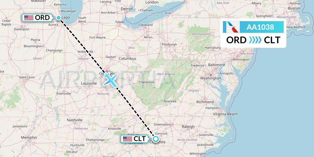 AA1038 American Airlines Flight Map: Chicago to Charlotte