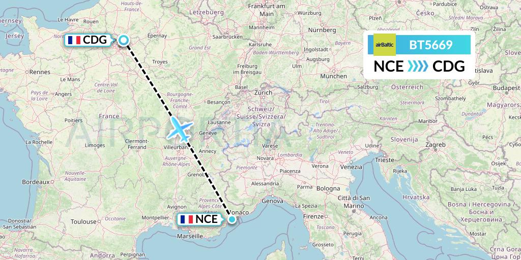 BT5669 Air Baltic Flight Map: Nice to Paris
