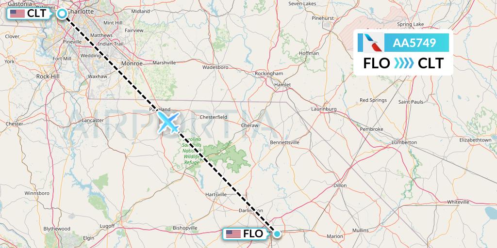 AA5749 American Airlines Flight Map: Florence to Charlotte