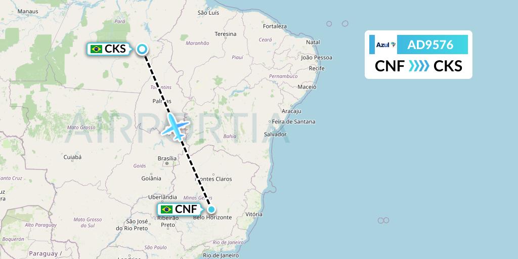 AD9576 Azul Brazilian Airlines Flight Map: Belo Horizonte to Carajas