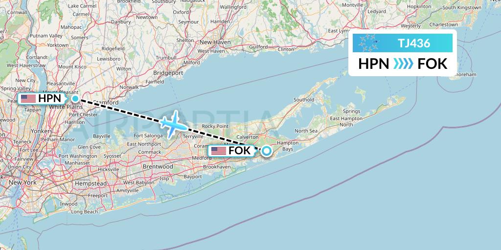 TJ436 Tradewind Aviation Flight Map: White Plains to Westhampton Beach