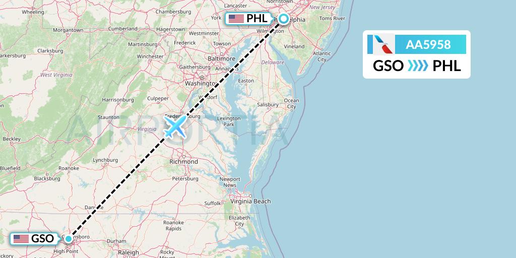 AA5958 American Airlines Flight Map: Greensboro to Philadelphia