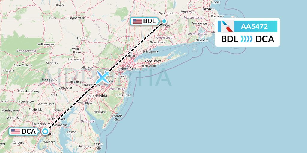 AA5472 American Airlines Flight Map: Windsor Locks to Washington