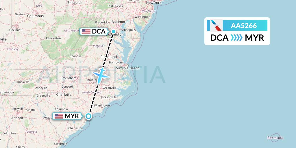 AA5266 American Airlines Flight Map: Washington to Myrtle Beach