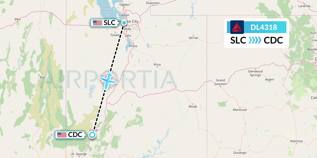 DL4318 Delta Air Lines Flight Map: Salt Lake City to Cedar City