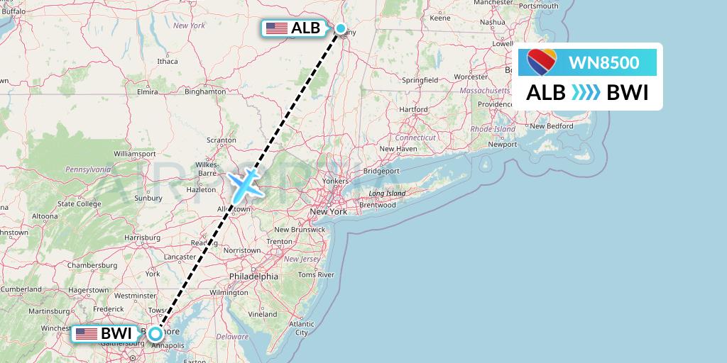 WN8500 Southwest Airlines Flight Map: Albany to Baltimore
