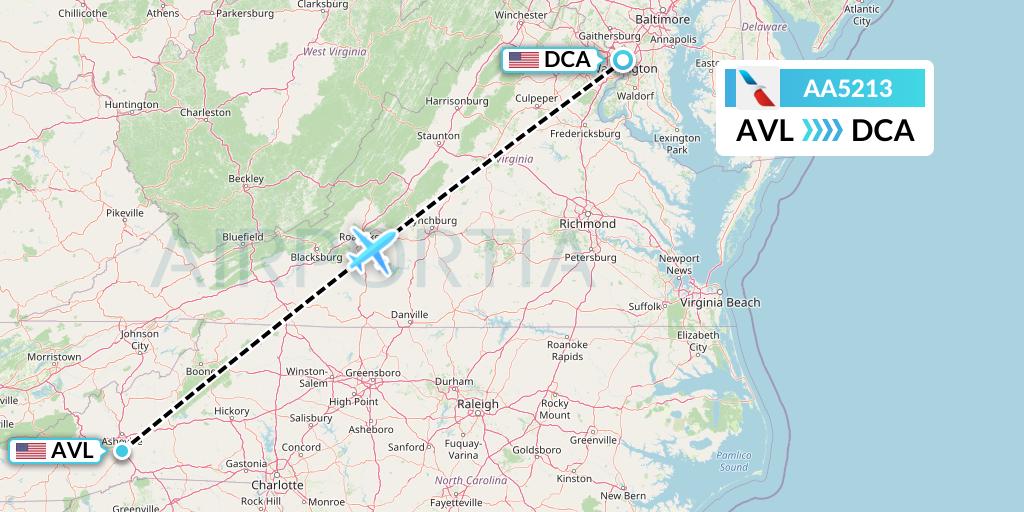 AA5213 American Airlines Flight Map: Asheville to Washington