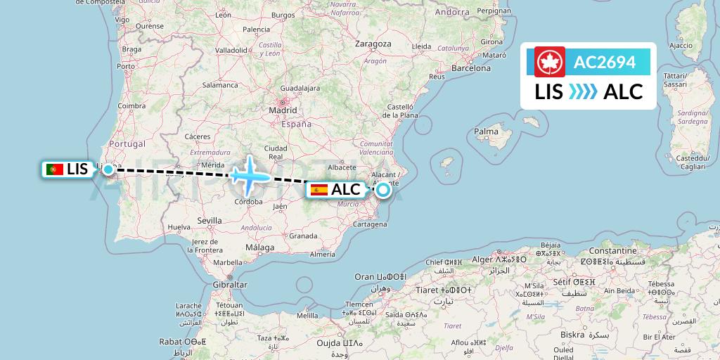 AC2694 Air Canada Flight Map: Lisbon to Alicante