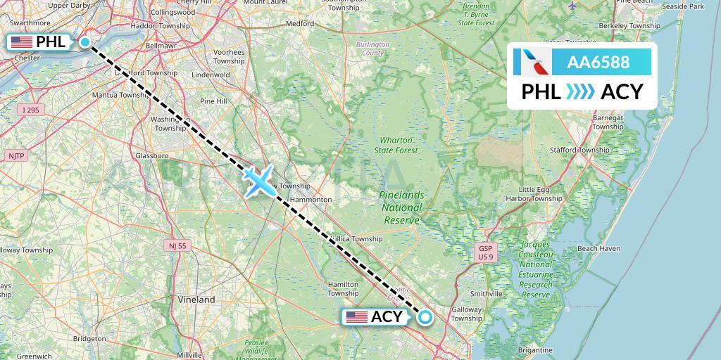 AA6588 American Airlines Flight Map: Philadelphia to Atlantic City