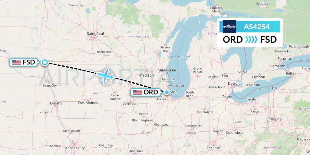 AS4254 Alaska Airlines Flight Map: Chicago to Sioux Falls