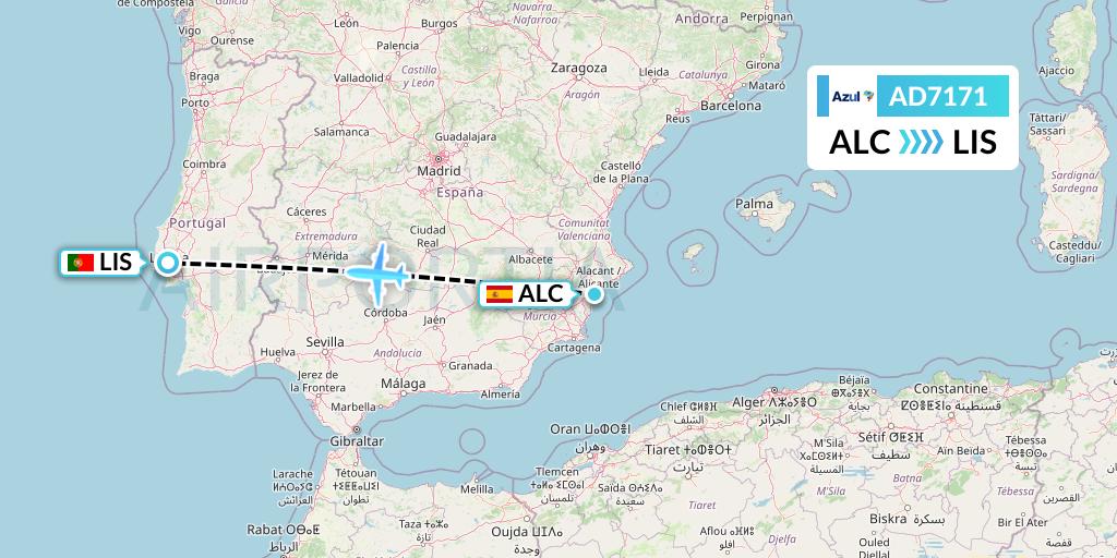 AD7171 Azul Brazilian Airlines Flight Map: Alicante to Lisbon