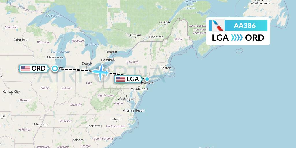 AA386 American Airlines Flight Map: New York to Chicago