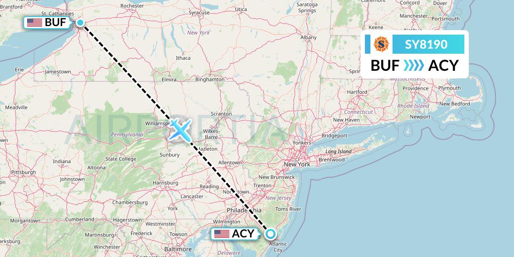 SY8190 Sun Country Airlines Flight Map: Buffalo to Atlantic City