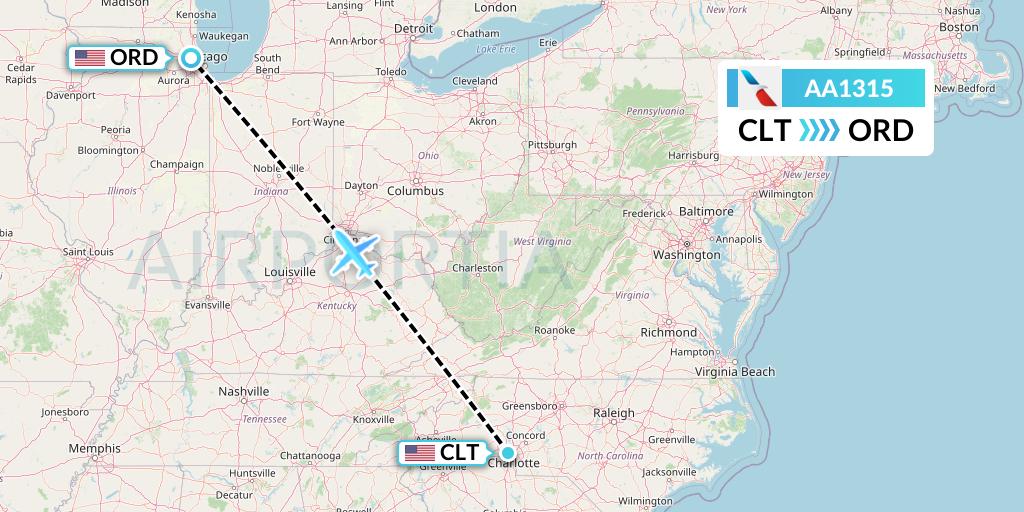 AA1315 American Airlines Flight Map: Charlotte to Chicago