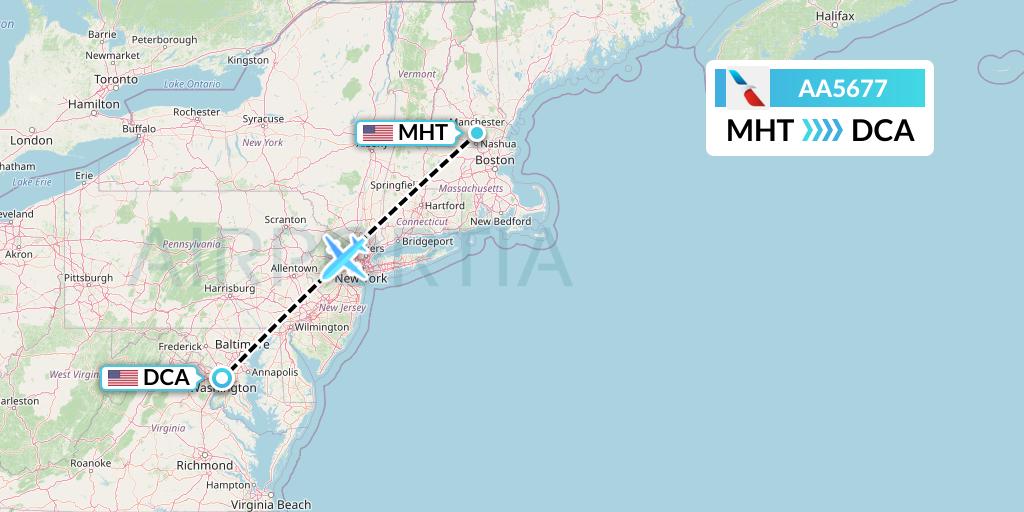 AA5677 American Airlines Flight Map: Manchester to Washington