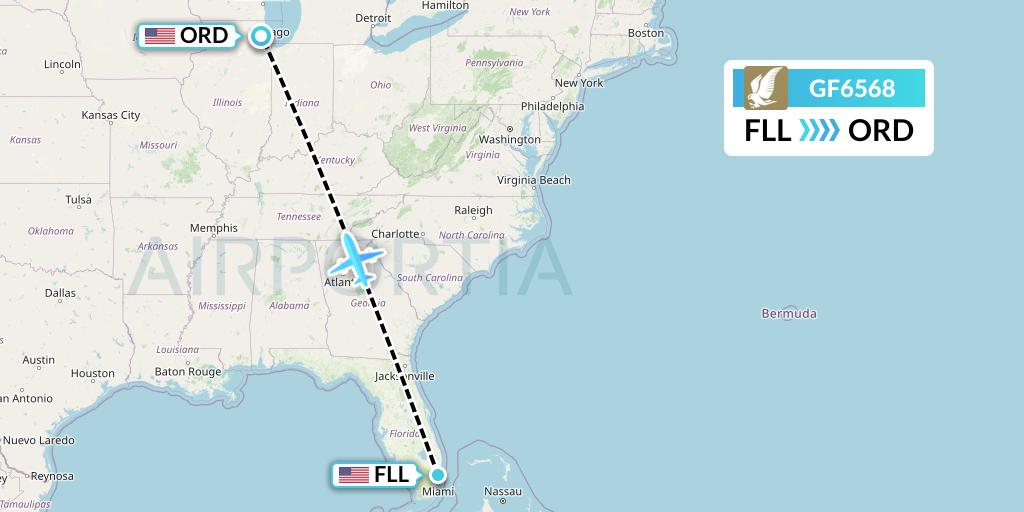 GF6568 Gulf Air Flight Map: Fort Lauderdale to Chicago