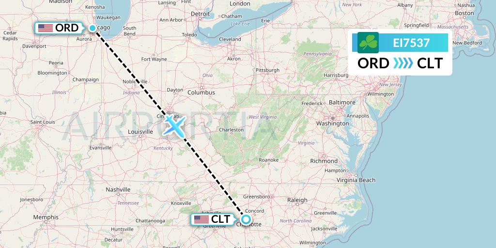 EI7537 Aer Lingus Flight Map: Chicago to Charlotte