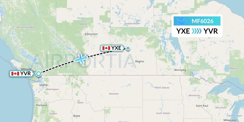 MF6026 Xiamen Airlines Flight Map: Saskatoon to Vancouver