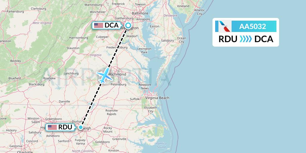 AA5032 American Airlines Flight Map: Raleigh-Durham to Washington