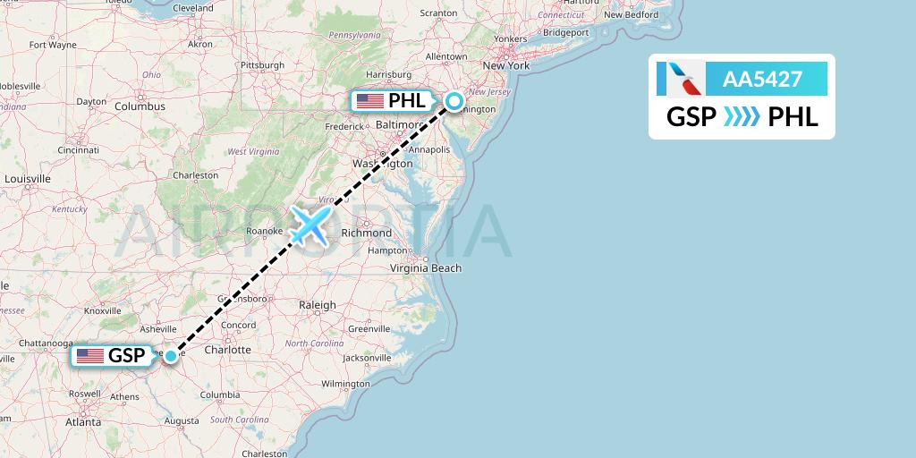 AA5427 American Airlines Flight Map: Greenville-Spartanburg to Philadelphia