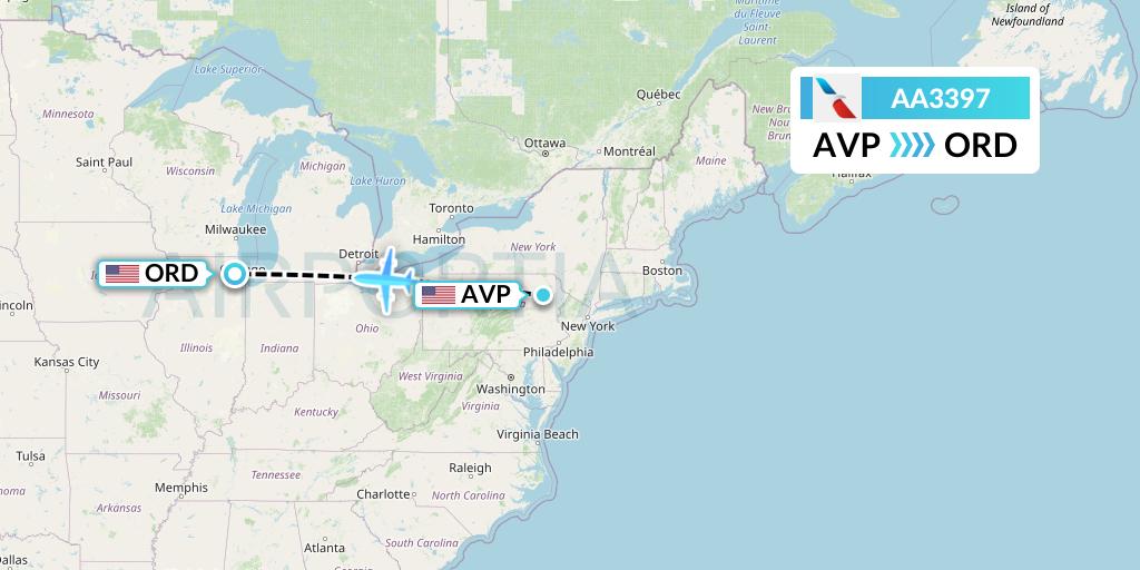 AA3397 American Airlines Flight Map: Avoca to Chicago