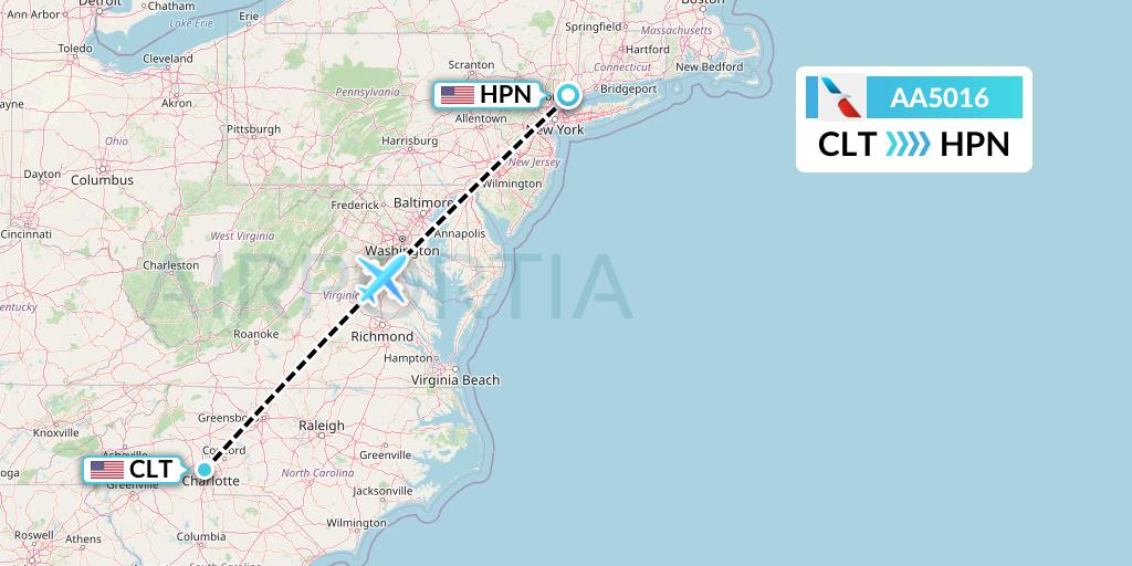 AA5016 American Airlines Flight Map: Charlotte to White Plains