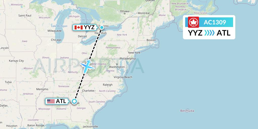 AC1309 Air Canada Flight Map: Toronto to Atlanta