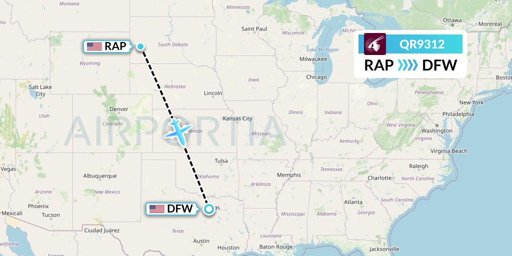 QR9312 Qatar Airways Flight Map: Rapid City to Dallas