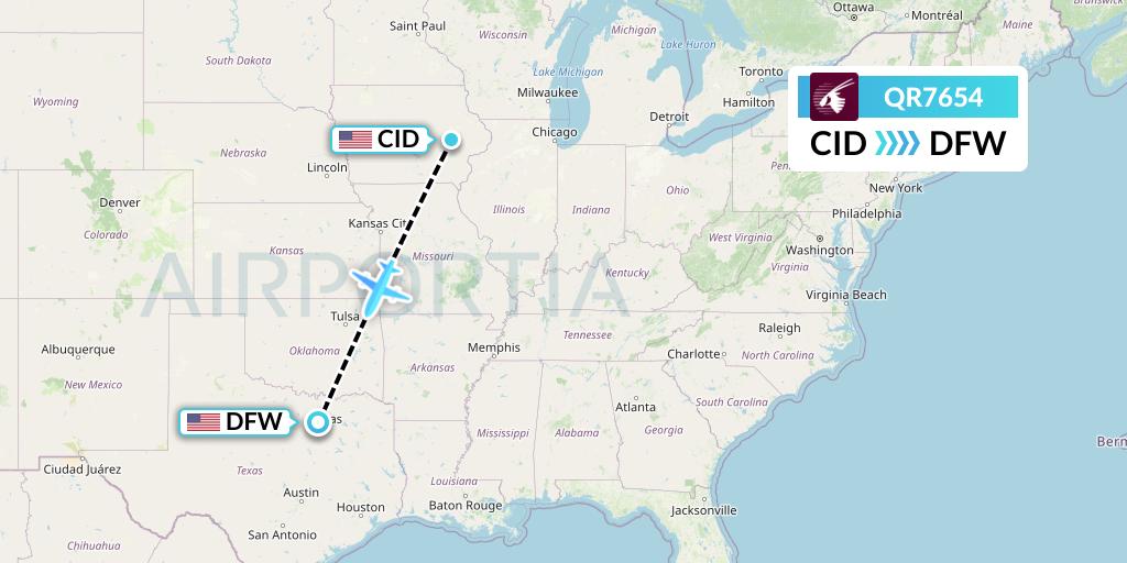 QR7654 Qatar Airways Flight Map: Cedar Rapids to Dallas