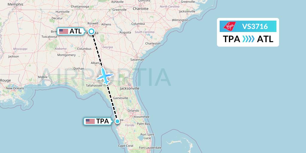 VS3716 Virgin Atlantic Airways Flight Map: Tampa to Atlanta