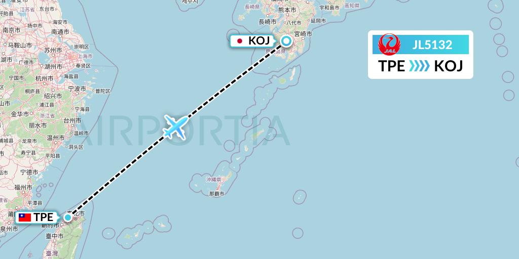 JL5132 Japan Airlines Flight Map: Taipei to Kagoshima