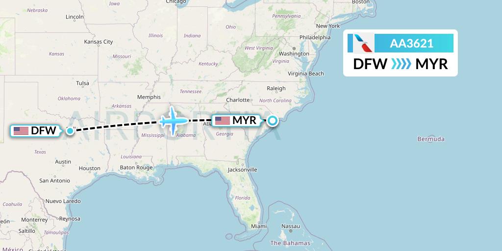AA3621 American Airlines Flight Map: Dallas to Myrtle Beach