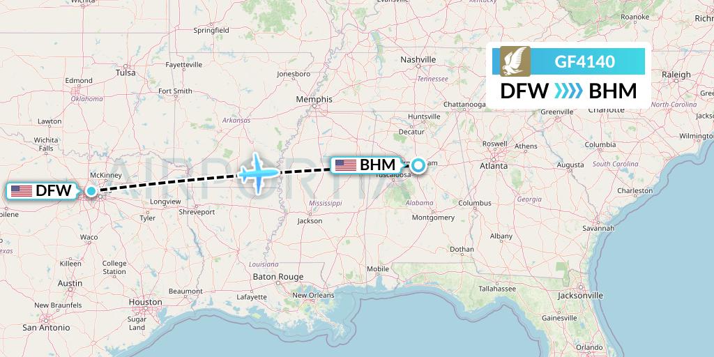 GF4140 Gulf Air Flight Map: Dallas to Birmingham