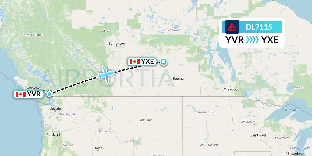 DL7115 Delta Air Lines Flight Map: Vancouver to Saskatoon