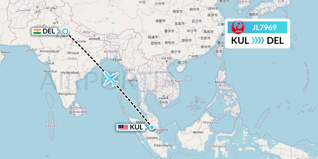 JL7969 Japan Airlines Flight Map: Kuala Lumpur to Delhi