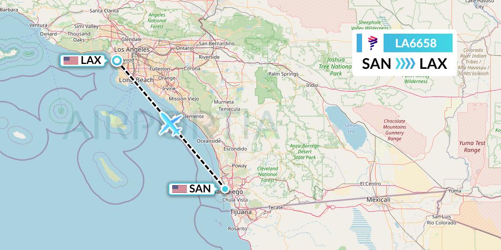 LA6658 LATAM Airlines Flight Map: San Diego to Los Angeles