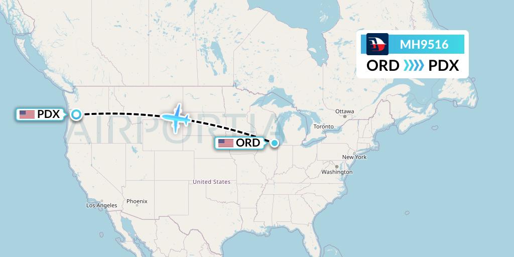 MH9516 Malaysia Airlines Flight Map: Chicago to Portland