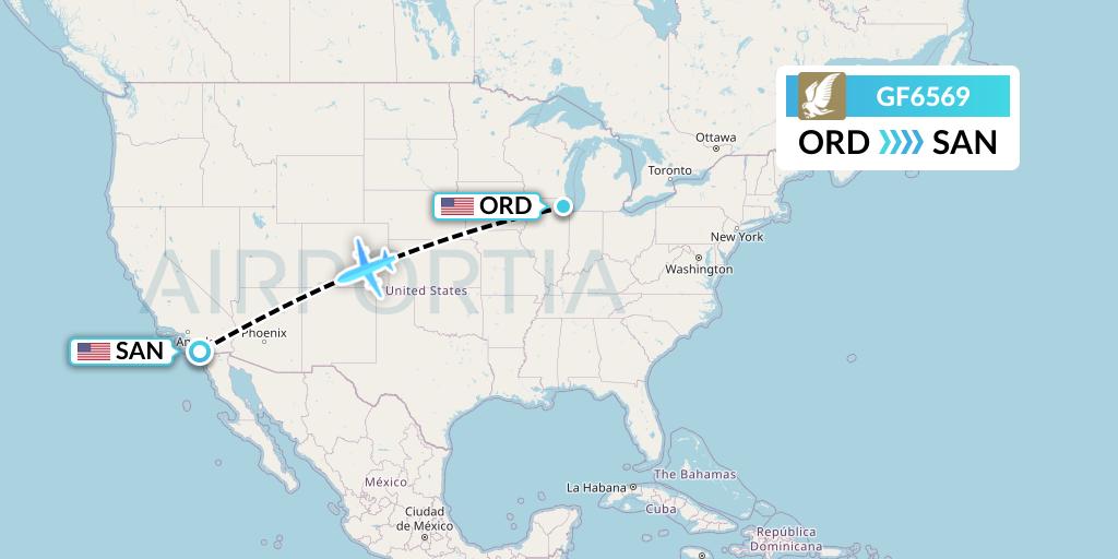 GF6569 Gulf Air Flight Map: Chicago to San Diego