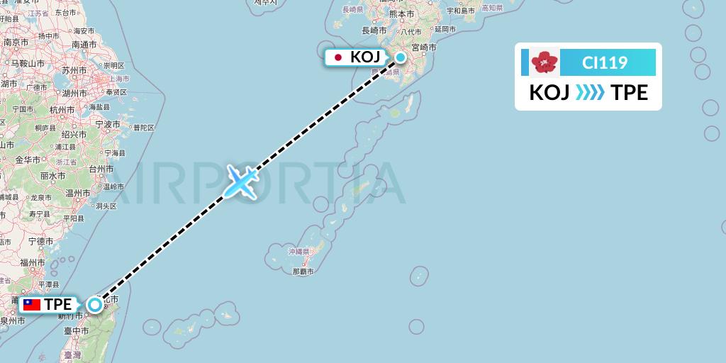 CI119 China Airlines Flight Map: Kagoshima to Taipei