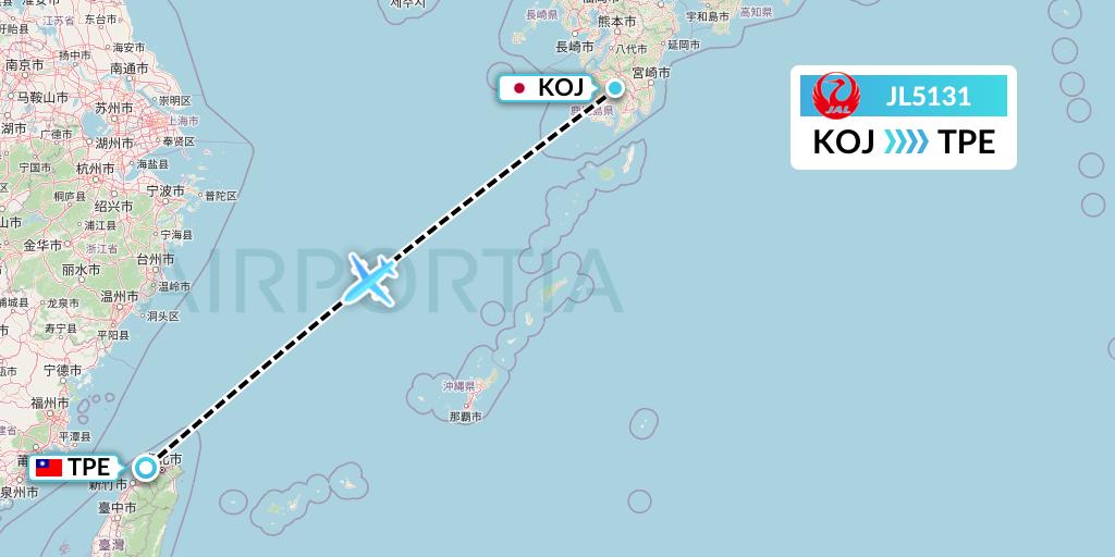 JL5131 Japan Airlines Flight Map: Kagoshima to Taipei