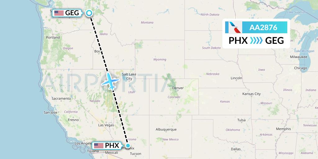 AA2876 American Airlines Flight Map: Phoenix to Spokane