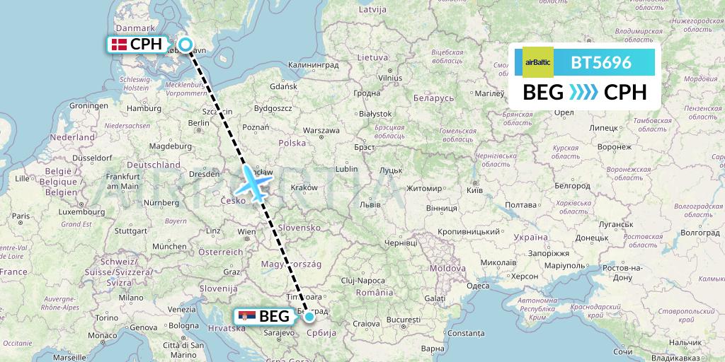 BT5696 Air Baltic Flight Map: Belgrade to Copenhagen