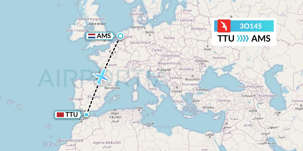 3O145 Air Arabia Maroc Flight Map: Tetuan to Amsterdam