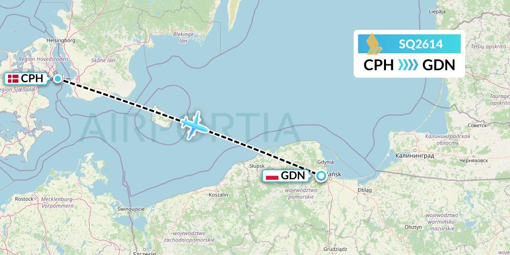 SQ2614 Singapore Airlines Flight Map: Copenhagen to Gdansk