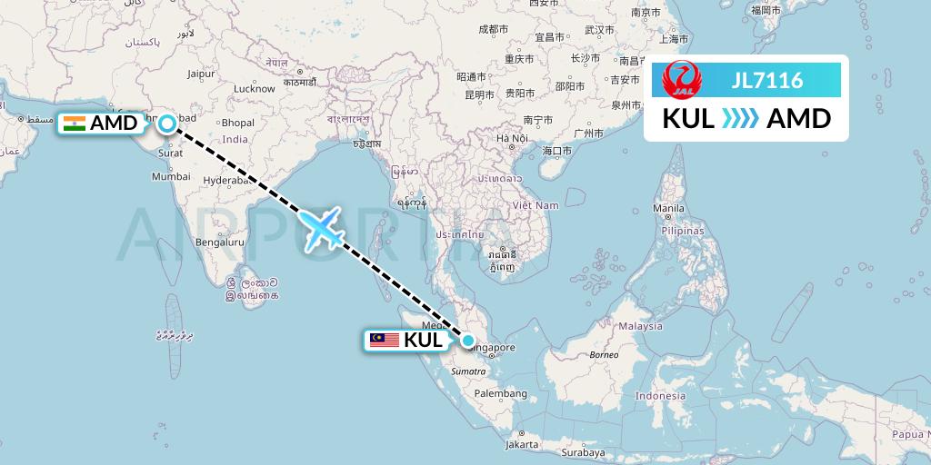 JL7116 Japan Airlines Flight Map: Kuala Lumpur to Ahmedabad