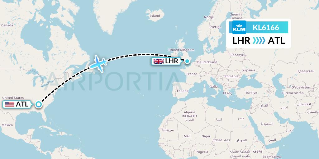 KL6166 KLM Flight Map: London to Atlanta