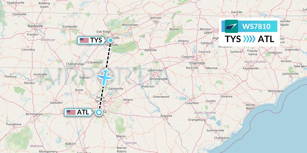 WS7810 WestJet Flight Map: Knoxville to Atlanta