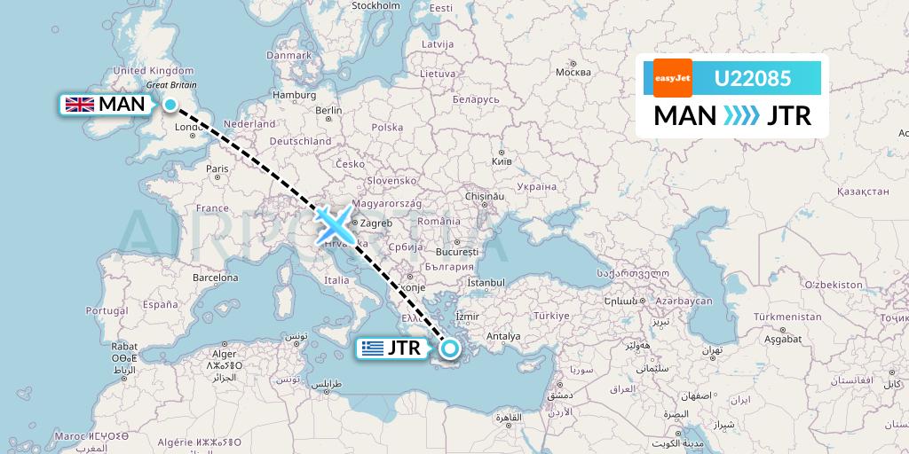 U22085 EasyJet Flight Map: Manchester to Santorini