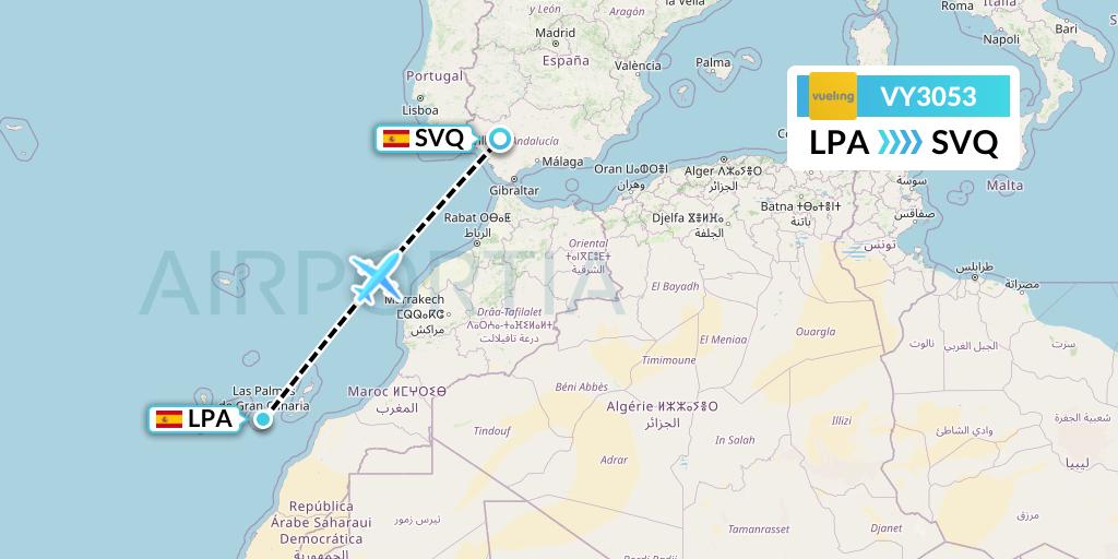 VY3053 Vueling Flight Map: Las Palmas to Seville