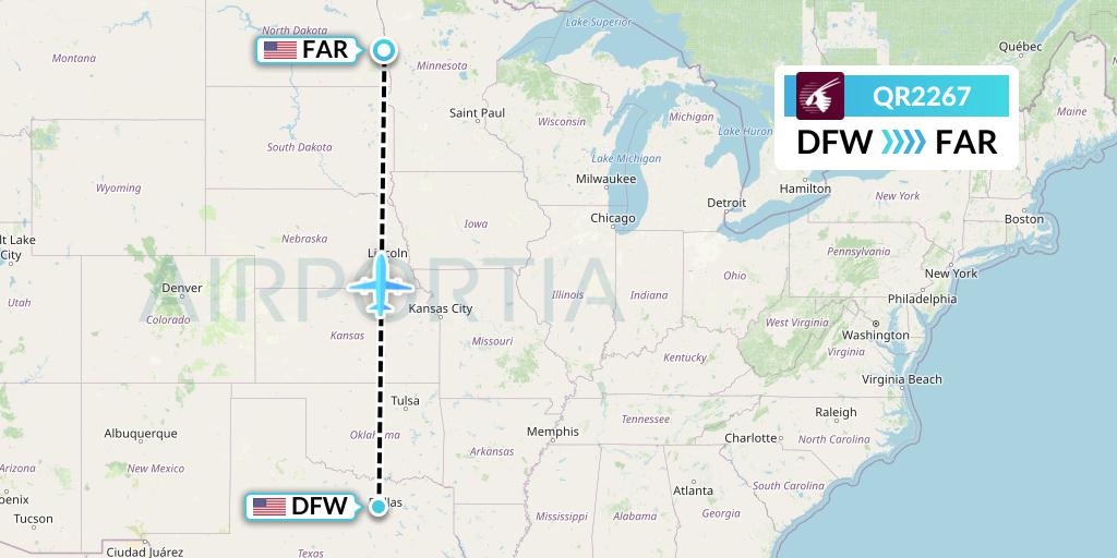 QR2267 Qatar Airways Flight Map: Dallas to Fargo